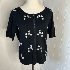 Designers Originals Womens Large Embroider Button Cardigan Sweater Black Daisies